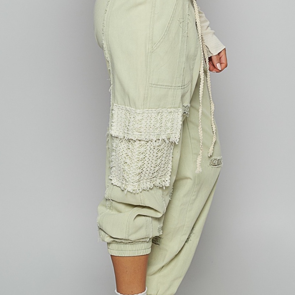 New POL Clothing Denim Lace Joggers Women's Distressed Relaxed GreenTwill Pants - Picture 9 of 12